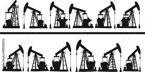 Oil Pumpjack Silhouette Set Featuring Petroleum Drilling Rigs Industrial Energy Production Equipment Vector Illustration Collection