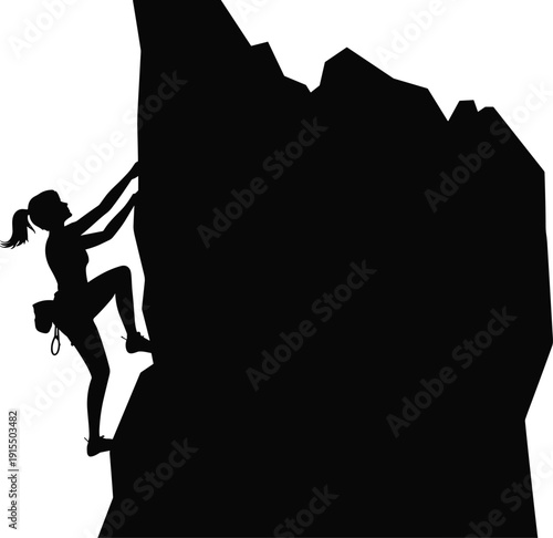 Silhouette of female climber scaling steep rock cliff, extreme sport adventure concept, outdoor climbing challenge, mountaineering fitness, determination and success illustration.