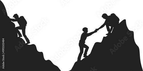 Silhouette of climbers helping each other on steep mountain cliffs, teamwork and support concept, adventure hiking, leadership and trust, outdoor challenge, success and motivation in nature.