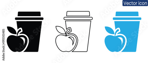 Set of modern coffee cup icons with apple designs in black, white, and blue, perfect for branding, marketing, and advertising materials