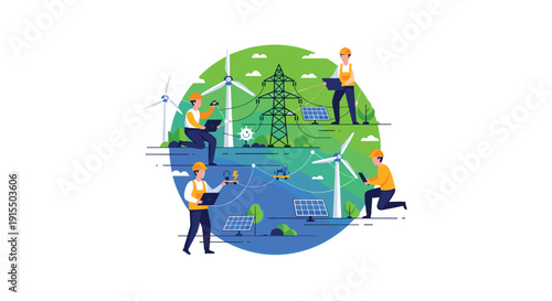 A global concept illustration shows engineers working on a sustainable planet, managing wind turbines and solar panels to create clean, renewable energy.