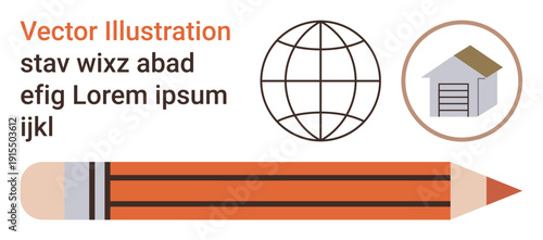 Education, global communication, storage, creativity, graphic design, learning tools. Image of a globe, pencil and storage icon. Education and creativity thematically