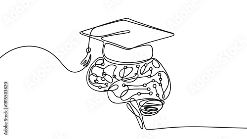A single line drawing of a graduation cap atop a human brain