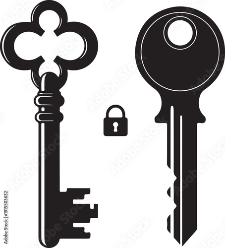 Black silhouette of antique and modern keys with a small padlock antique key de