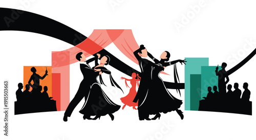 A dynamic and elegant illustration captures couples performing in a ballroom dance competition on stage, with judges and an audience watching intently.