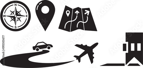 Travel and navigation icons on white background