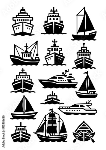 Different Ship Icon Shapes in Black and White with Nautical Marine Symbol Collection