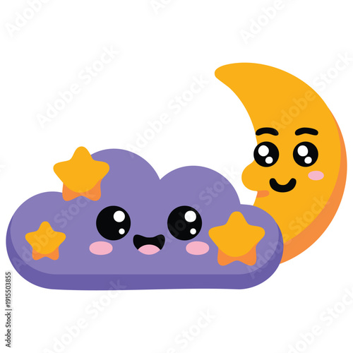 Whimsical Sticker Design with a Happy Cloud Moon and Stars Isolated Vector Illustration on White Background