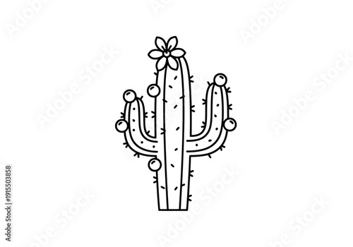 Whimsical Hand Drawn Saguaro Cactus With Bloom And Berries Isolated On White Background Line Art Icon For Desert Themes