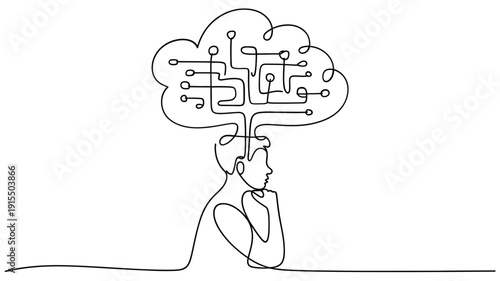 Abstract line art depicting a human head with a digital brain