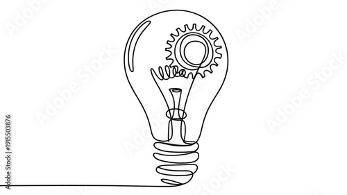 Line drawing of a lightbulb containing gears and a brain