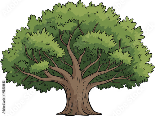 Detailed cartoon-style large tree with lush green foliage and thick trunk, symbolizing nature, growth, ecology, and environmental themes