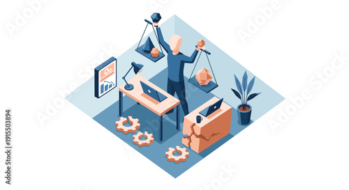 An isometric illustration of a businessman balancing scales, symbolizing the choice between a stable, successful career path and a broken, failed one.