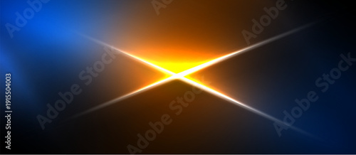 Bright starburst effect. Orange, blue hues dominate dark background. Intense light radiates outward, creating dramatic visual impact.