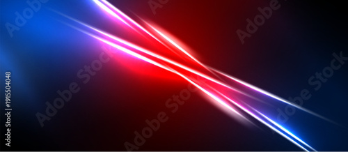 Abstract light streaks intersect. Vivid blue, red hues dominate dark background. Dynamic energy radiates from central point.