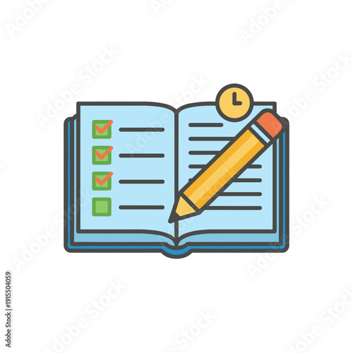 Exam preparation with open book checklist and pencil representing study planning time management and academic success concept
