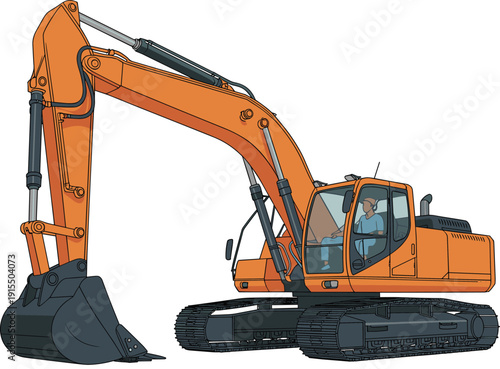 Detailed orange hydraulic excavator with operator cabin and bucket, heavy construction equipment for digging and earthmoving work, isolated industrial machine illustration on white background.