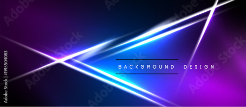 Abstract neon lights create vibrant purple, blue gradients. Diagonal lines intersect, forming dynamic background design. Modern, futuristic aesthetic.