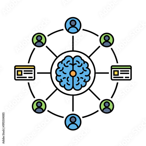 Intelligent recommendation system with central ai brain connecting users and content representing personalized suggestions and data driven marketing technology