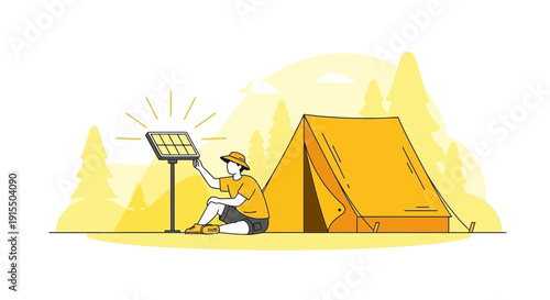 Sustainable Camping Adventure With Solar Power And Tent Set Up In Nature