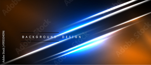 Abstract background features bright diagonal lines. Orange, blue gradients create dynamic visual effect. Minimalist text present.