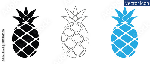 Versatile pineapple icons in three styles for various design needs