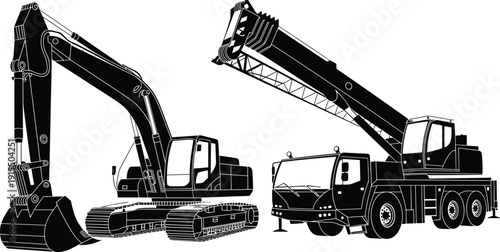 Detailed silhouette of crawler excavator and mobile crane truck, heavy construction machinery for lifting and excavation work, industrial equipment isolated on white background.