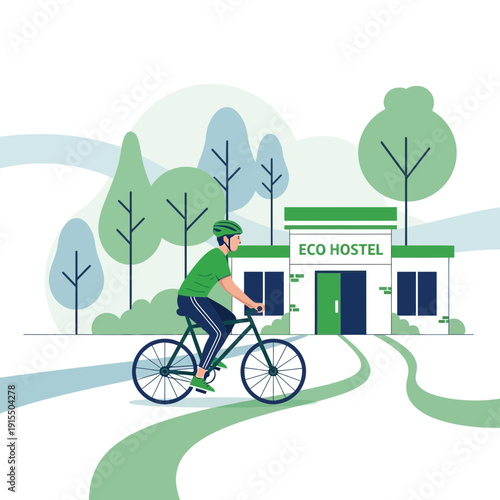 Sustainable Travel Concept Person Cycling To Eco Hostel Destination