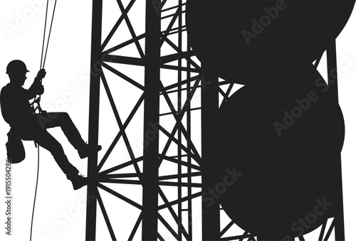 Silhouette of industrial rope access worker climbing with safety harness on metal tower near large tank structure. Construction maintenance at height concept illustration.