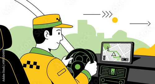Taxi Driver Navigating City With GPS Device Inside Vehicle Interior Scene