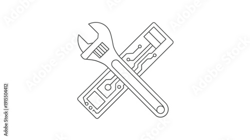 A black and white illustration of a wrench and a circuit board