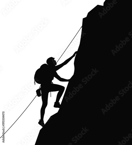 Silhouette of mountain climber using rope climbing steep cliff with backpack. Extreme outdoor adventure sport concept isolated on white background illustration design.