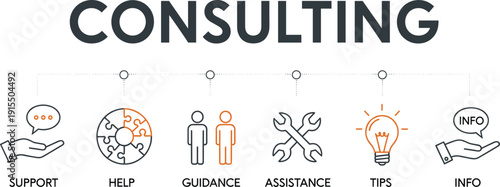 Business Consulting Concept Infographic with Support Help Guidance Assistance Tips and Info Icons Isolated on White