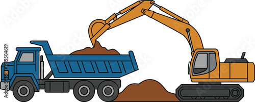 Excavator loading soil into dump truck, heavy construction machinery working on earthmoving project, industrial excavation and transportation concept illustration isolated on white background.
