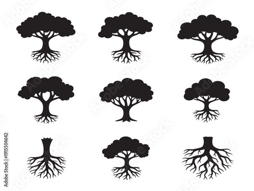 Natural tree roots silhouette for gorgeous botanical and forest illustrations