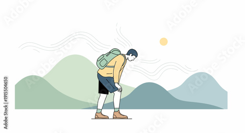 Tired Hiker Resting Amongst Rolling Hills Under Warm Sun