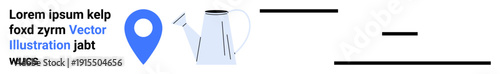 Navigation, minimalism, creativity, presentation design, abstract , modern art. A blue location pin and a kettle next to minimal black lines. Navigation and minimalism concepts
