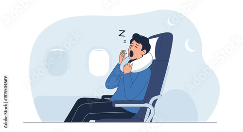 Tired Traveler Yawning While Wearing Neck Pillow Inside Airplane Cabin