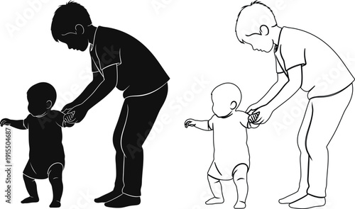 Adults assisting toddlers in dressing or putting on shoes