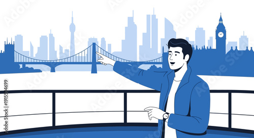 Tour Guide Explaining City Landmarks In Stylized Blue Illustration
