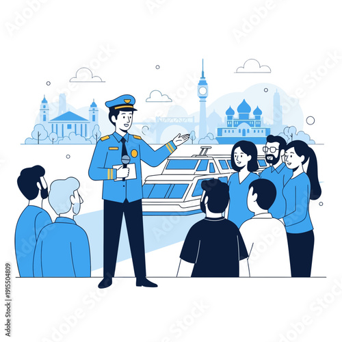 Tour Guide Presents City Sights To Diverse Group Of Tourists