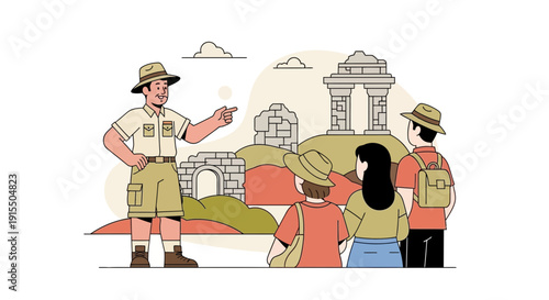 Tour Guide Leading Visitors Through Ancient Ruins Exploration Adventure