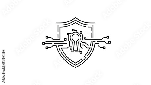 Cybersecurity shield icon with a keyhole and circuit board design