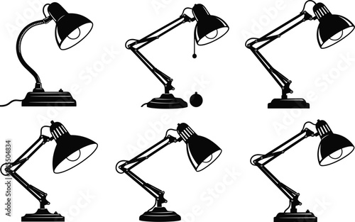 Set of vintage desk lamp silhouettes including flexible neck and architect swing arm styles isolated on white background for interior design
