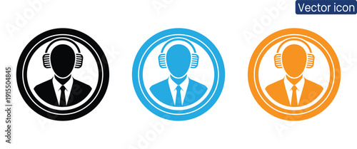 Vibrant customer service icons featuring professionals wearing headsets in black, blue, and orange, perfect for business and support concepts
