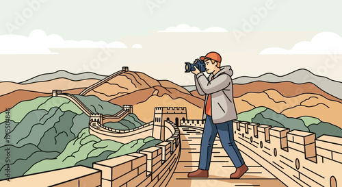 Tourist Captures Iconic Great Wall Scenery