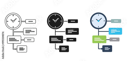 Clock icons Vector Set in Three Styles — Line Art, Silhouette and Color Version connected to various document and file symbols