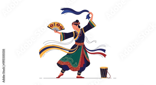 Traditional Dancer With Fan And Ribbon In Elegant Costume