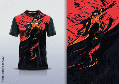 T-shirt mockup abstract texture grunge sport jersey design for football, soccer, racing, esports, running, red black orange color
