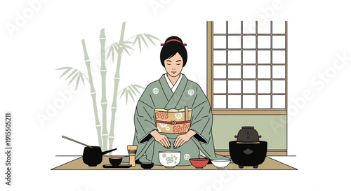 Traditional Japanese Tea Ceremony With Bamboo and Serene Atmosphere